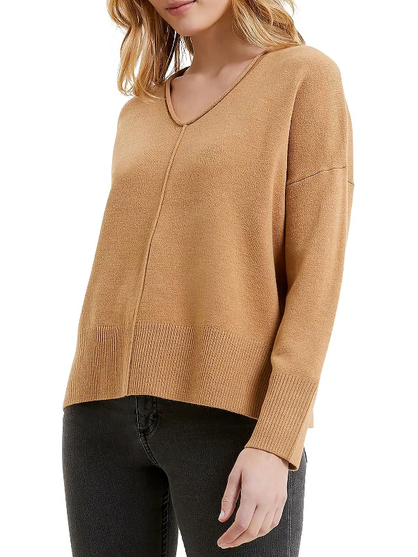 Womens V-Neck Ribbed Trim Pullover Sweater Fleece Sweater Nylon Polyester