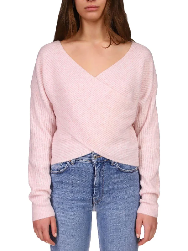 Womens Waffle V-Neck Wrap Sweater Terry Blend Velvet Blend Canvas Blend