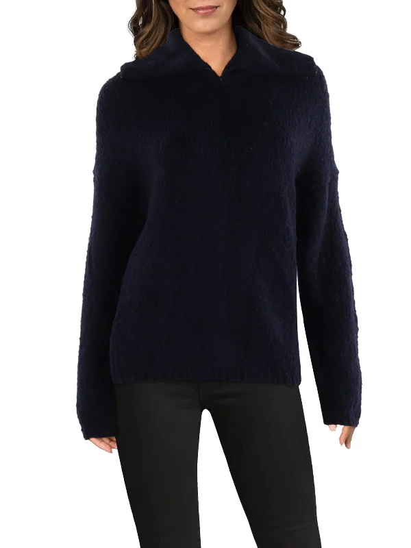 Womens Wool 1/4 Zip Pullover Sweater Zippered Buttoned Snapped