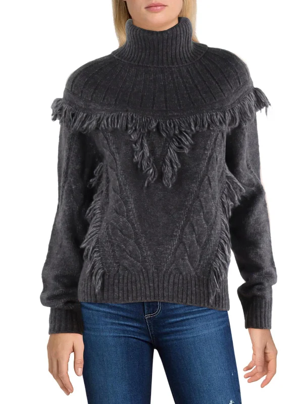 Womens Wool Blend Fringe Mock Turtleneck Sweater Seamless Knitted Crochet