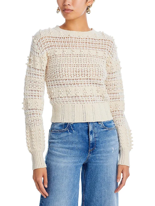 Womens Wool Crochet Trim Crewneck Sweater Elegant Classic Vintage