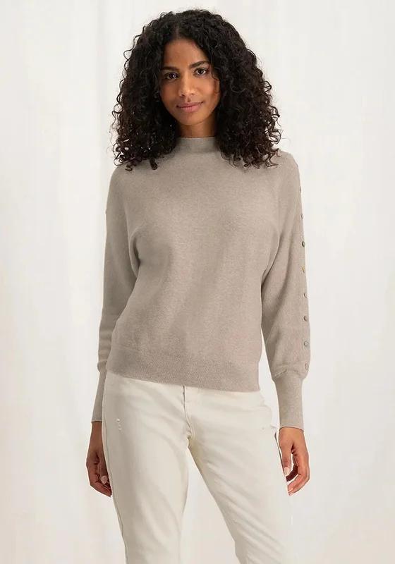 Yaya Boatneck Button Detail Sweater, White Pepper & Beige Neon Metallic Matte