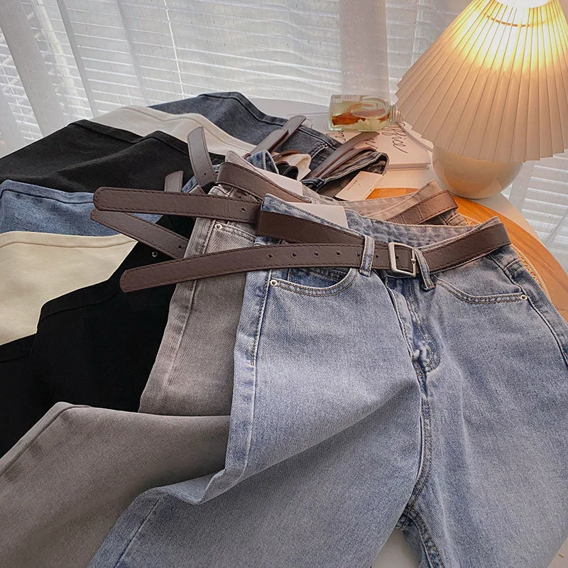 Straight Jeans Women with Belt Vintage Basic Blue Ankle-length Denim Fashionable Slouchy Fit Jeans