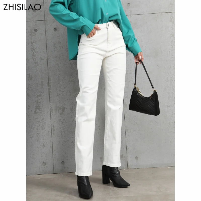 White Jeans Women Vintage Stretch High Waist Straight Wide Leg Denim Fashionable Bootcut Jeans