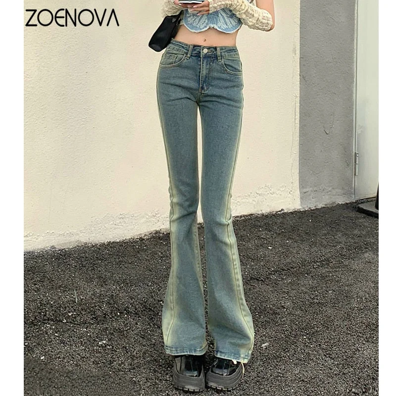 Elegant Flared Jeans Woman Low Waist Stretch Cotton Denim Pants Chic Cropped Jeans