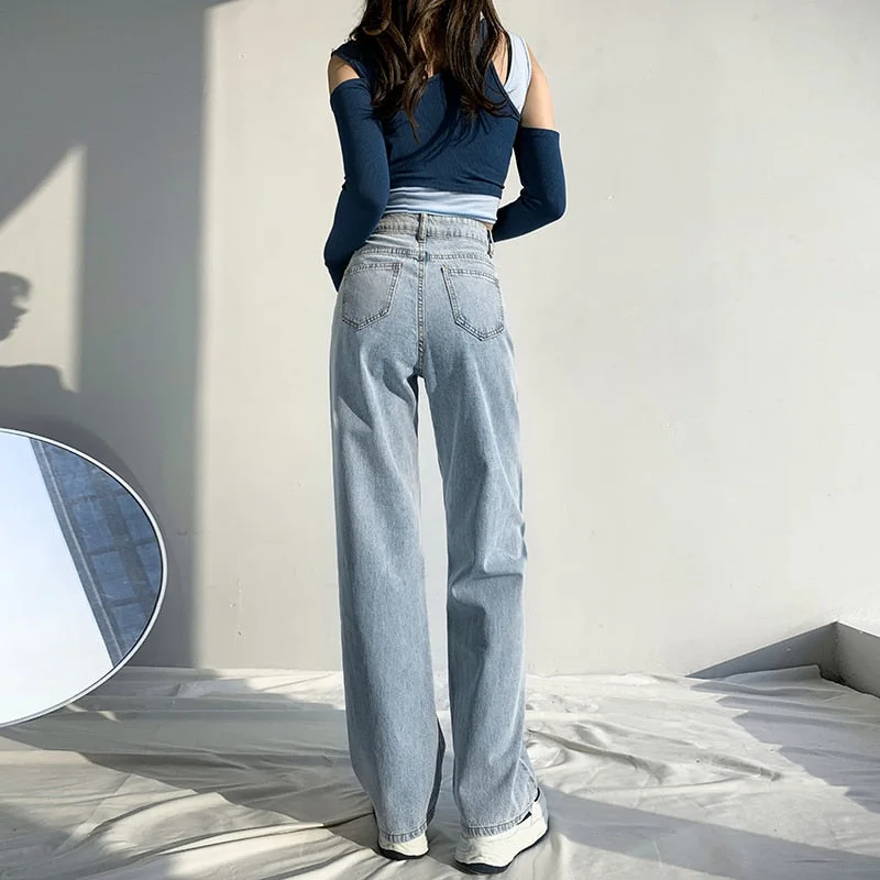 Women jeans Retro Street Loose Solid Straight Trend American Casual Pants Stylish Acid-Wash Jeans