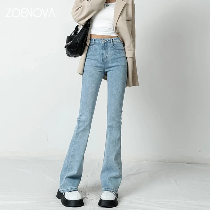 Women Flared Jeans Loose Denim Pants Bottom Straight High Waist Stretch Fashionable Frayed Hem Denim