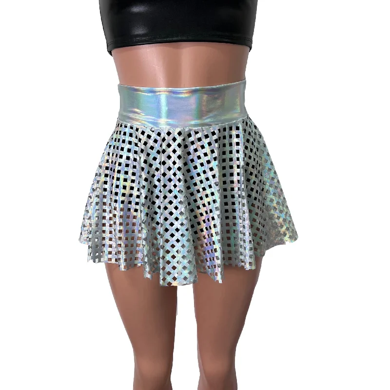 13" Skater Skirt - Opal Diamond Cutout Holographic Iridescent denim skirt fashionable