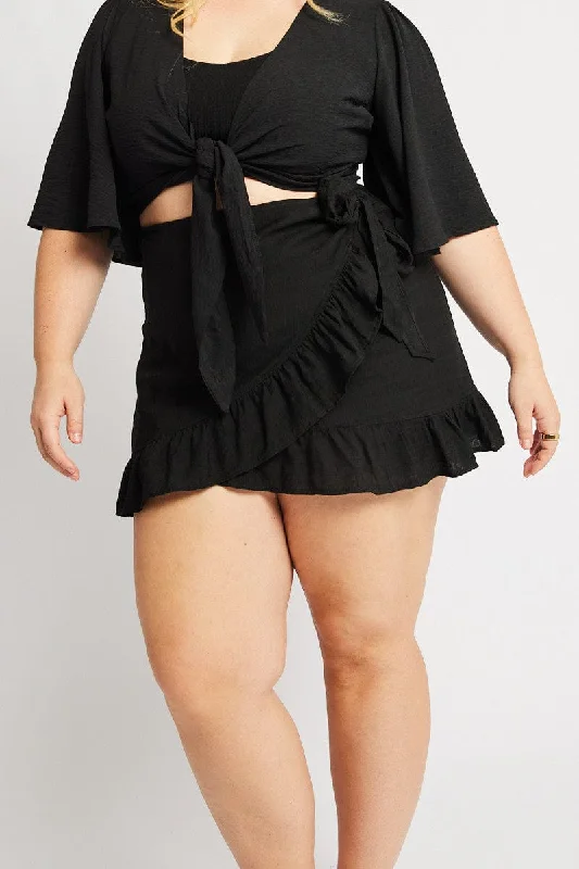Black Frill Hem Wrap Mini Skirt corduroy skirt textured