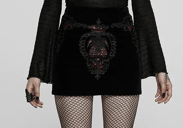 Black/Red Velvet Applique Skirt silk skirt smooth