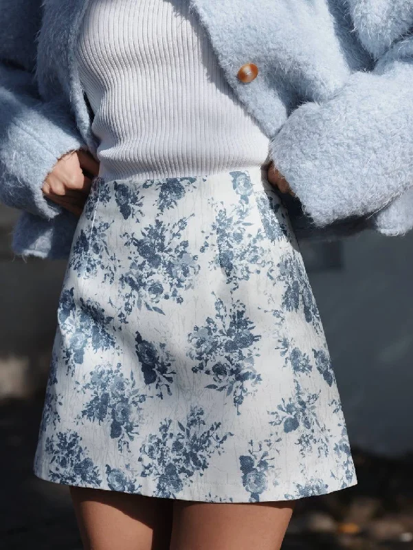 Blue Floral Mini Skirt silk skirt lustrous
