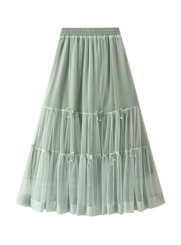 Bow Mesh Cake Elastic Waist Skirt denim skirt classic