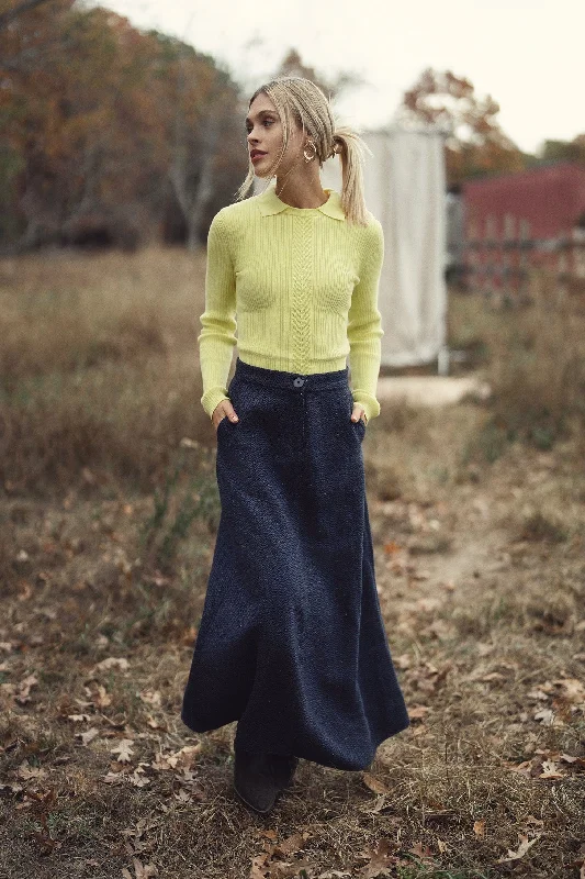 Button Front A-Line Skirt-Blue Herringbone flowy skirt hem