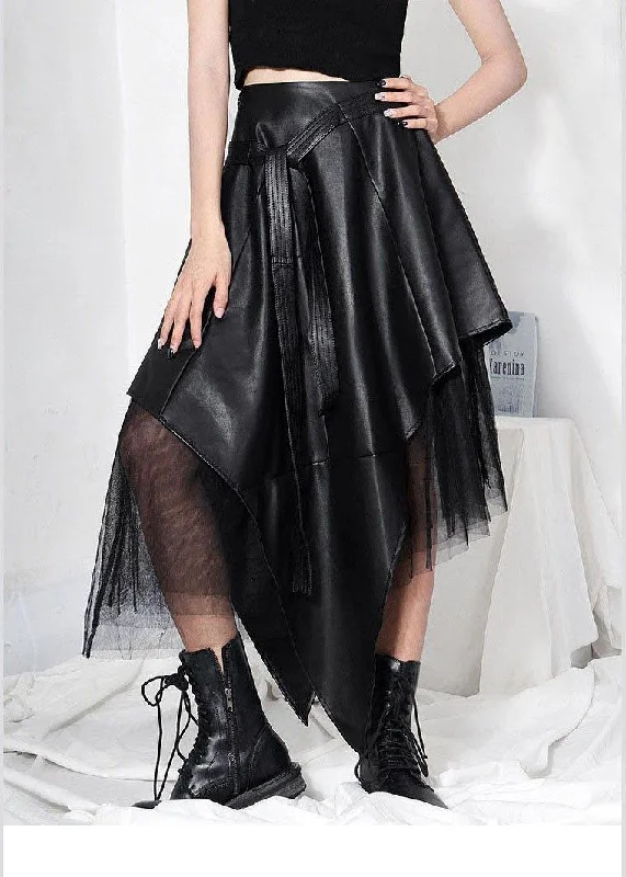 Comfy Black Patchwork Tulle Asymmetrical design PU Skirts satin skirt smooth