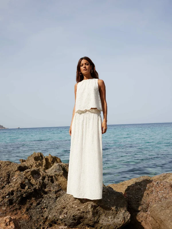 Ivory Broderie Maxi Skirt button skirt front