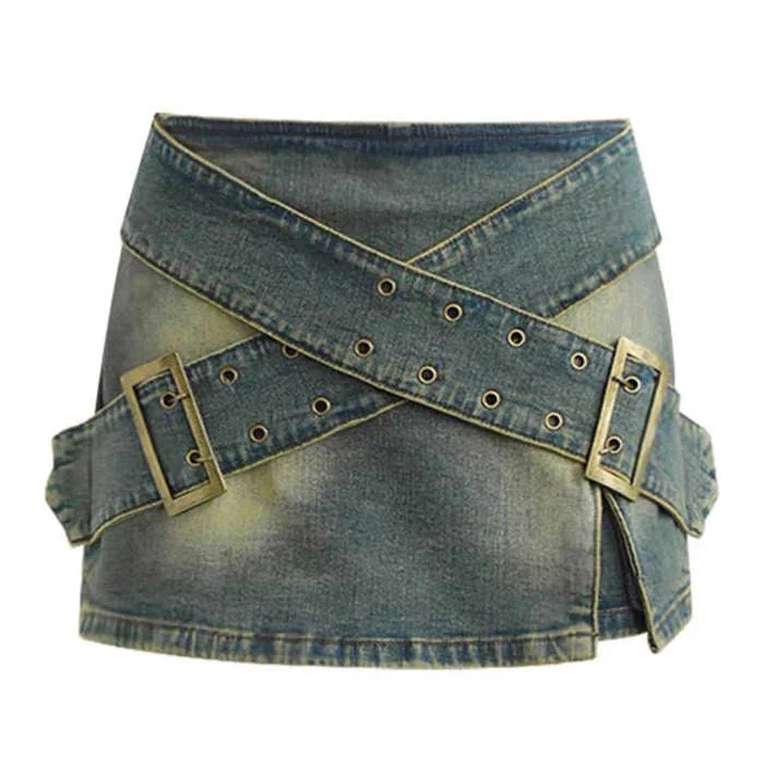 Double Buckle Denim Mini Skirt ribbed skirt waist