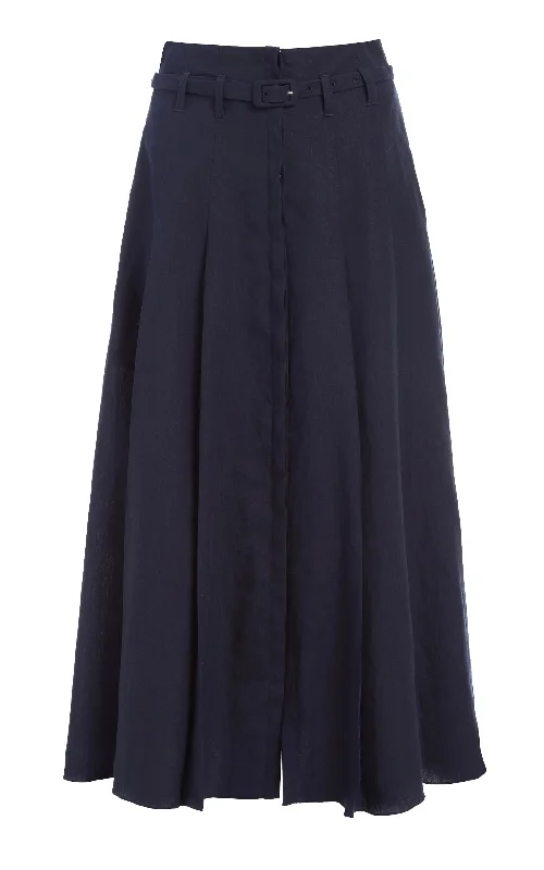 Dugald Pleated Midi Skirt in Navy Aloe Linen ribbed skirt waist
