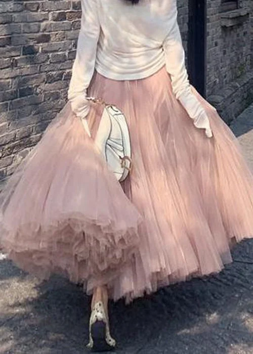 Elegant Pink Wrinkled High Waist Tulle Skirt Spring leather skirt refined