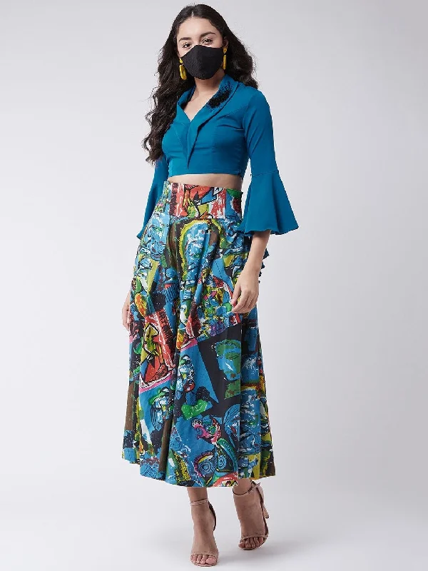 Women's Embroidered Crop Top With Picasso Printed Skirt - Pannkh midi skirt versatile