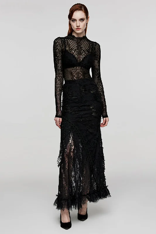 Women's Gothic Ripped Knit Lace Long Dark Feel Club Hallowmas Black Skirt denim skirt durable