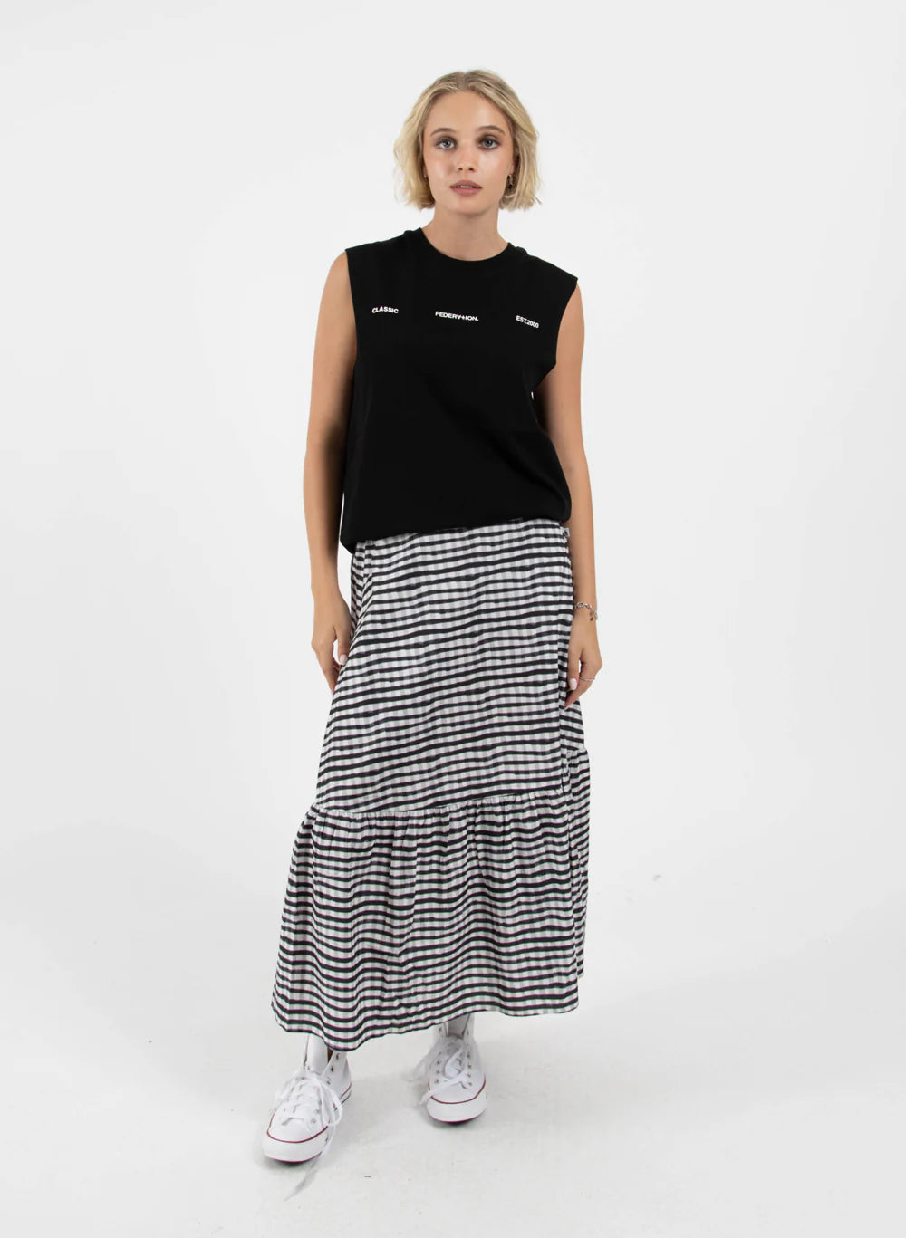 Federation Level Skirt - Black Check silk skirt lustrous