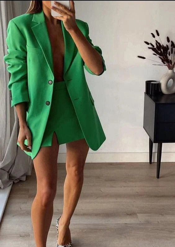 Green Mini Skirt Suit high slit skirt