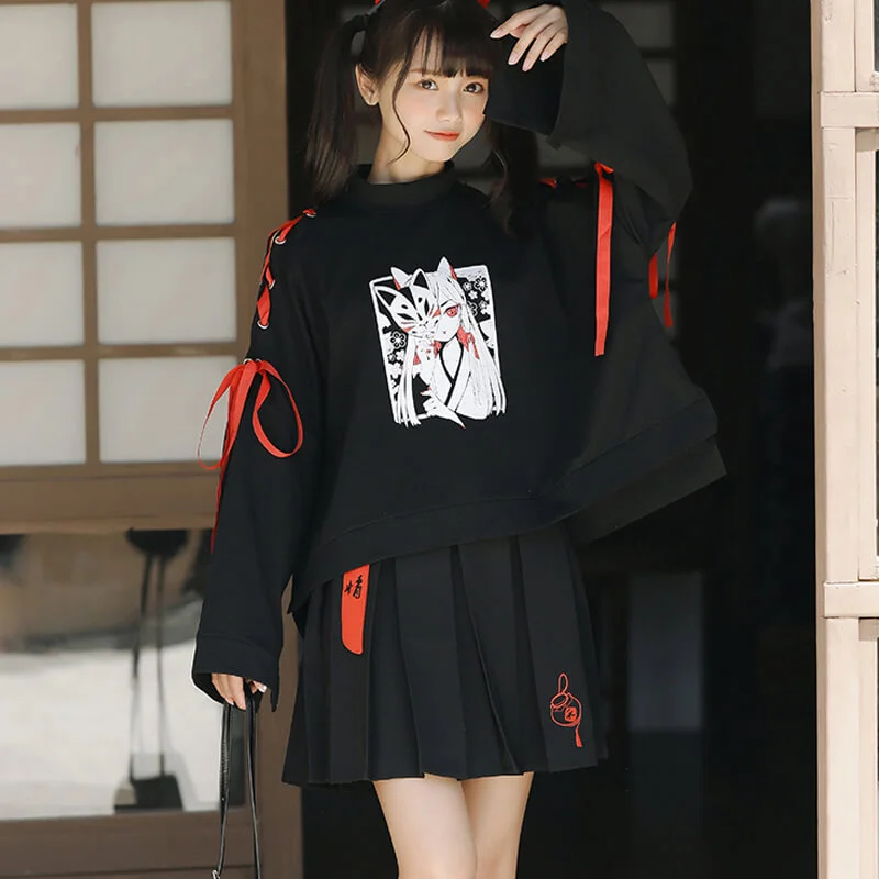 JAPANESE COMIC FOX SWEATSHIRT+SKIRT BY21217 high slit skirt