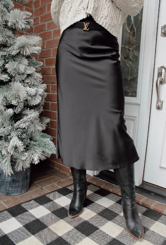 Lexington Avenue Long Satin Skirt in Black lace skirt delicate