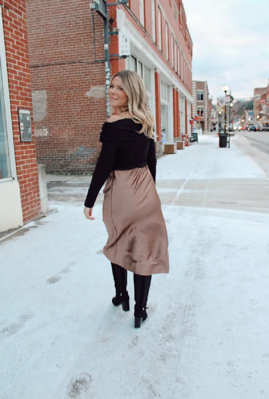 Lexington Avenue A-Line Long Satin Skirt in Dune leather skirt modern
