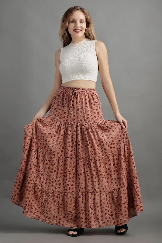 Light Brown Floral Printed Skirt linen skirt relaxed