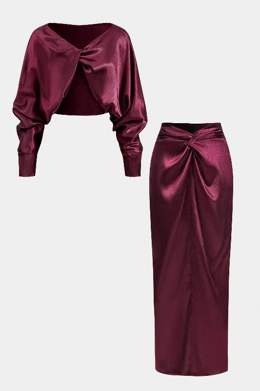 Satin Twist Knot Long Sleeve Top And Skirt Set patchwork skirt art