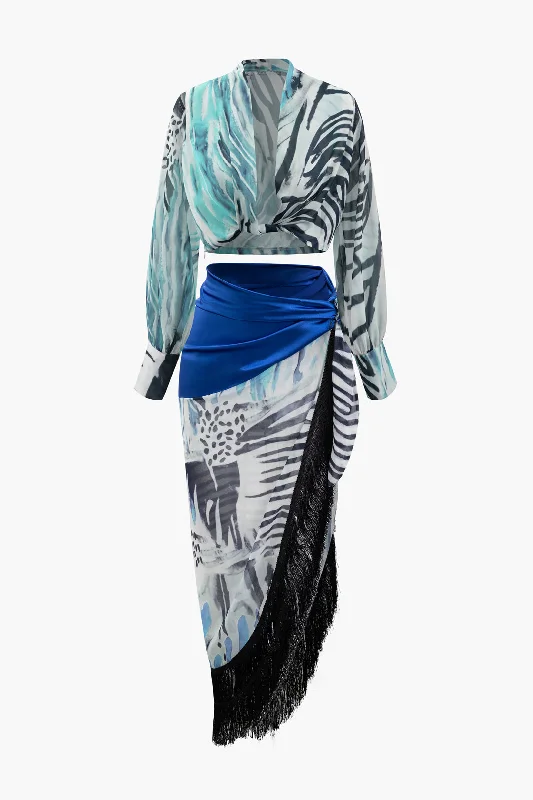 Printed Lantern Sleeve Twist Hem Shirt And Asymmetric Fringe Skirt Set silk skirt sleek
