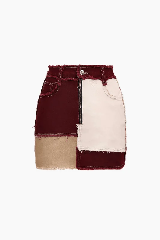 Patchwork Frayed Mini Skirt maxi skirt elegant
