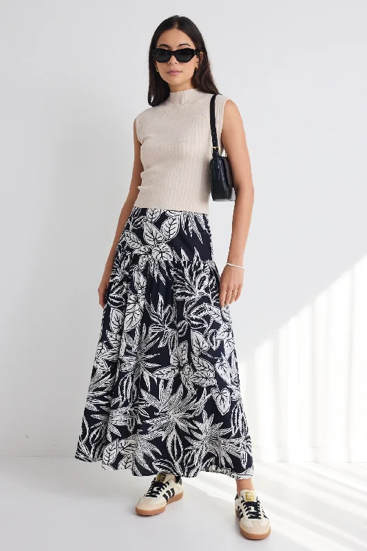 Pisces Black Leaf Tiered Maxi Skirt lace skirt delicate