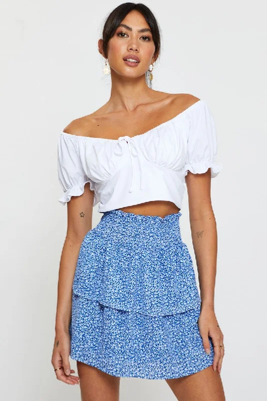 Print Elastic Waist Floral Skater Skirt lace skirt romantic