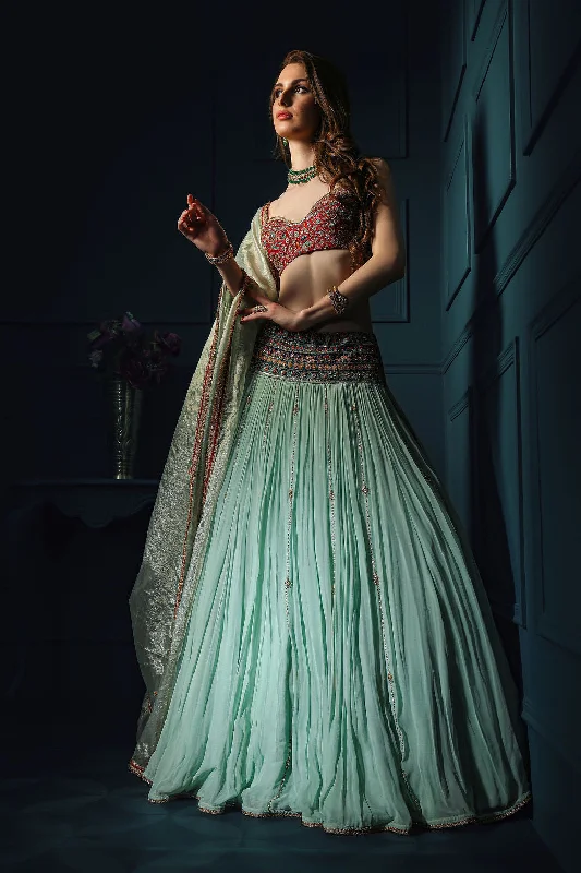 Red Blouse with mint skirt chiffon skirt floaty