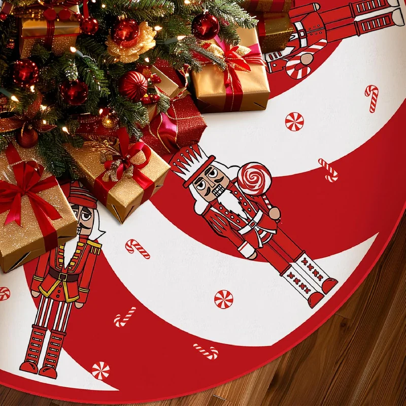 Red Christmas Tree Skirt with Candy Cane and Nutcracker Decorations - 48" zip skirt side