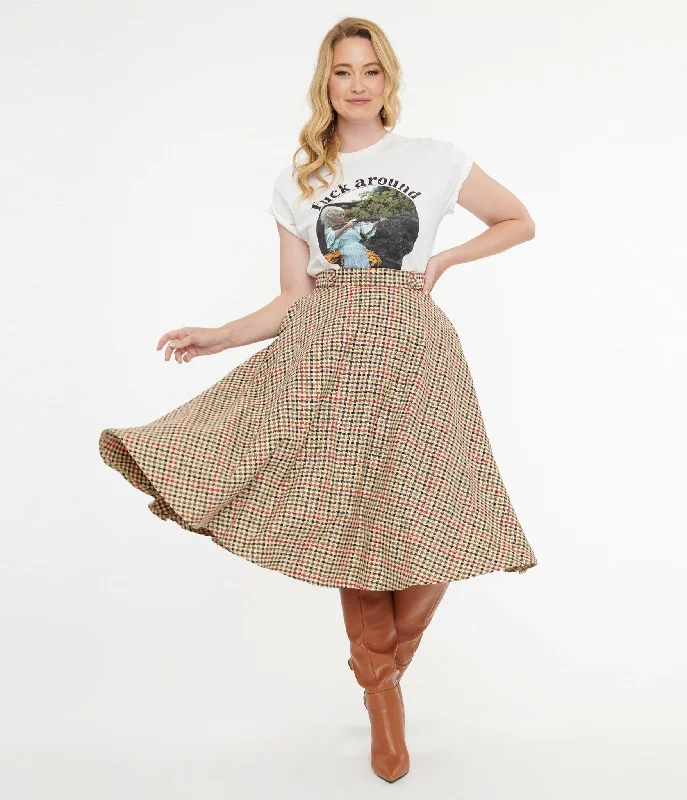 Royal Monk 1950s Beige & Black Check Hilda Swing Skirt linen skirt relaxed