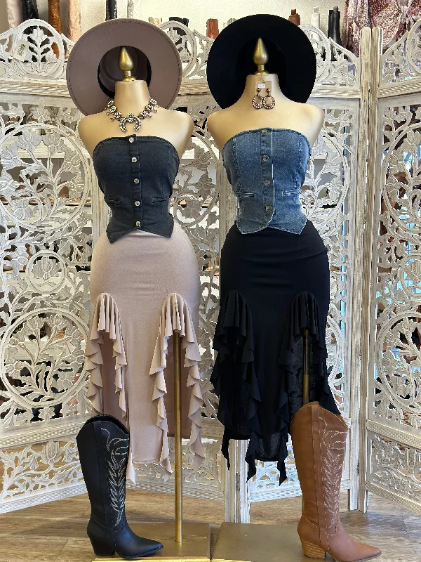 Ruffled Slit Skirt- Stretchy pleated skirt texture