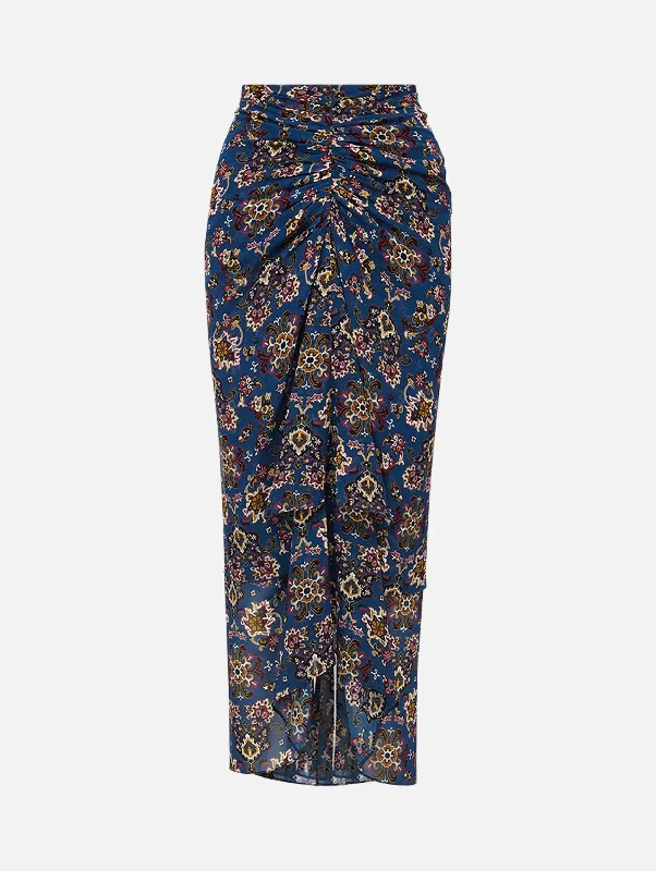 Sira Ruched Silk Skirt in Blue Stone lace skirt intricate