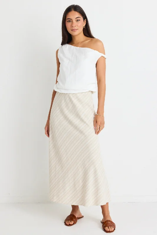 Sleek Natural Stripe Linen Bias Midi Skirt leather skirt sleek