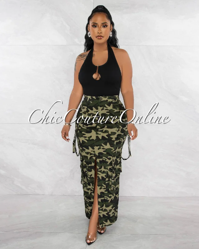 Tarah Camo Cargo Front Slit Maxi Skirt high waist skirt