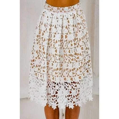 Stylish Elastic Waist Crochet Flower Lace Women's A-Line Skirt - White L velvet skirt plush