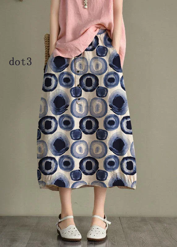 Women Beige-blue dot Linen Elastic Waist Button Skirt denim skirt classic