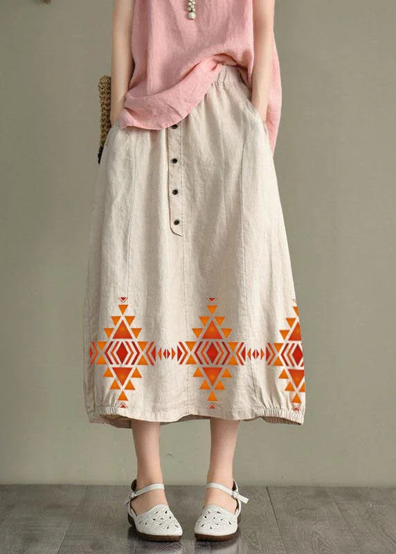 Women Beige-Diamond Linen Elastic Waist Button Skirt lace skirt intricate