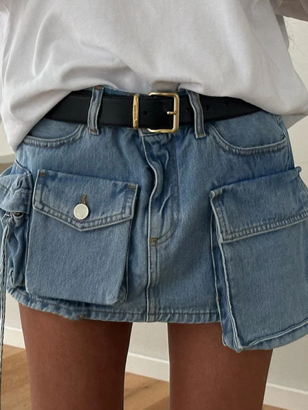 Women's Irregular Big Pocket High Waist Zipper Denim Skirt wool skirt thick