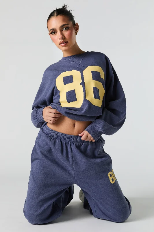Graphic Washed Crewneck Fleece Sweatshirt Hoodie with Bell Sleeves Flared Feminine