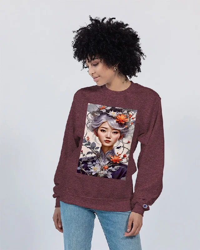 Beautiful Asian woman grey hair blossom Unisex Sweatshirt | Champion Hoodie with Hem Patch Decorative Personalized Beautiful Asian woman grey hair blossom Unisex Sweatshirt | Champion Hoodie with Hem Patch Decorative Personalized