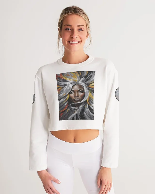 Black Sister Collection [Part 1 ] Women's All-Over Print Cropped Sweatshirt Hoodie with Frayed Bohemian Relaxed