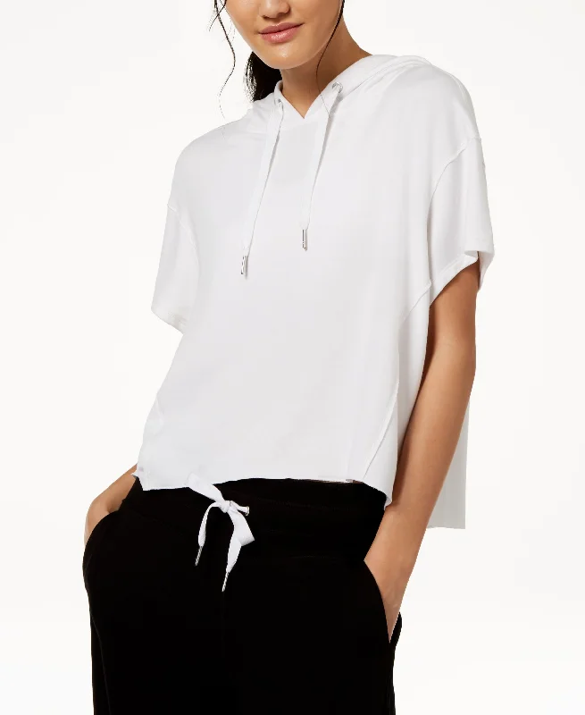 Calvin Klein Performance Relaxed Short Sleeve Cropped Hoodie Hoodie with Raw Hem Edgy Unfinished Calvin Klein Performance Relaxed Short Sleeve Cropped Hoodie Hoodie with Raw Hem Edgy Unfinished